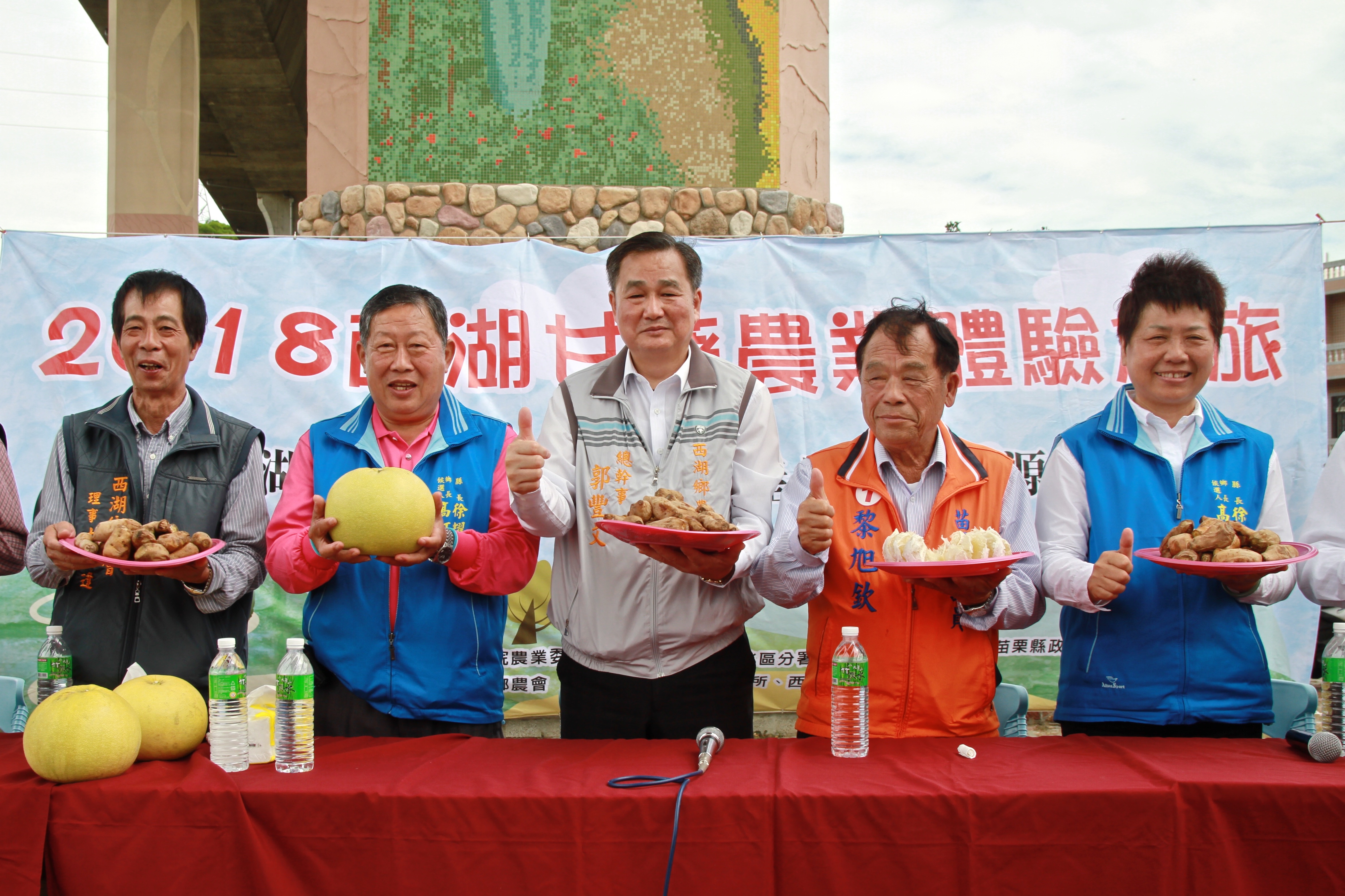 西湖鄉鄉長楊秀瑕(右1)、農會郭豐文(左3)與議員鄉親歡迎大家到西湖遊玩。